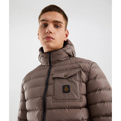 Refrigiwear Beige Nylon Men Jacket with hood and chest pocket, ideal for urban style and warmth.