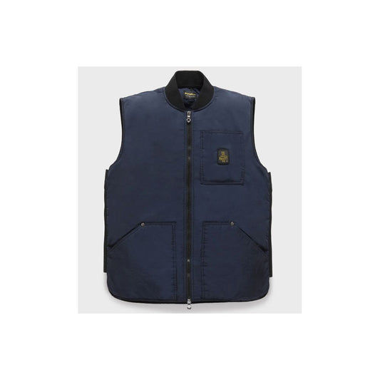 Refrigiwear Blue Polyamide Men Vest with zipper closure and pockets, stylish sleeveless down jacket for summer.