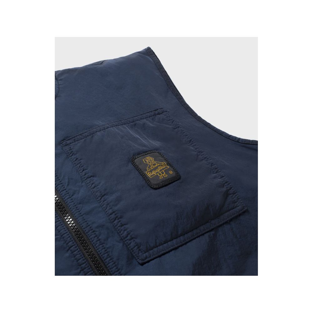 Close-up of Refrigiwear Blue Polyamide Men Vest showcasing the front pocket and zipper detail.