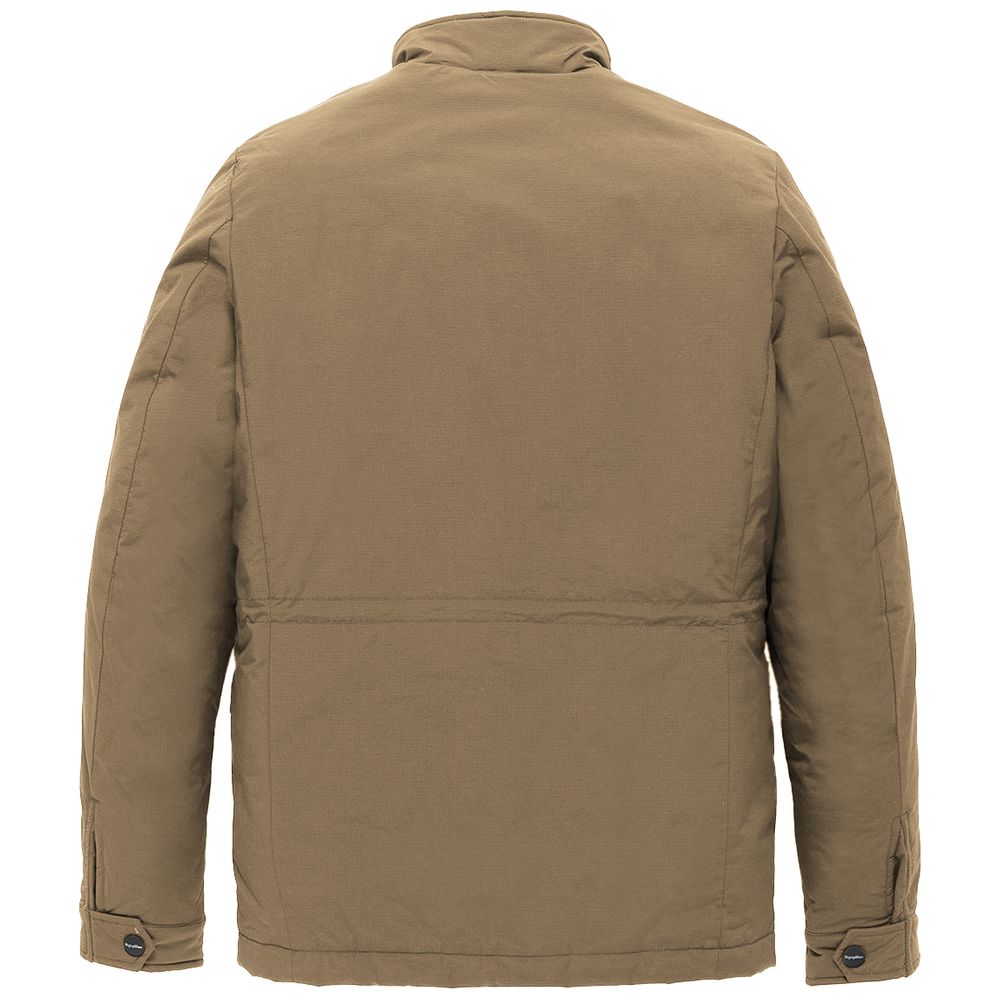 Back view of Refrigiwear Brown Nylon Men Jacket showcasing durable rip-stop nylon and utilitarian pockets in a refined chocolate hue.