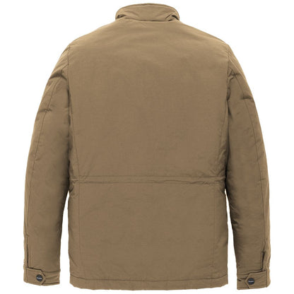 Back view of Refrigiwear Brown Nylon Men Jacket showcasing durable rip-stop nylon and utilitarian pockets in a refined chocolate hue.