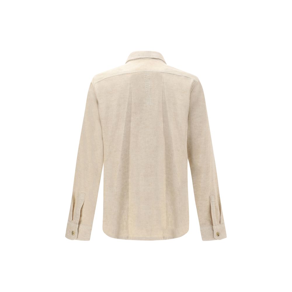 Back view of Rick Owens Cream Cotton Shirt with classic collar, button-up design, and utilitarian patch pockets. Made in Italy, AW25.