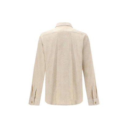Back view of Rick Owens Cream Cotton Shirt with classic collar, button-up design, and utilitarian patch pockets. Made in Italy, AW25.