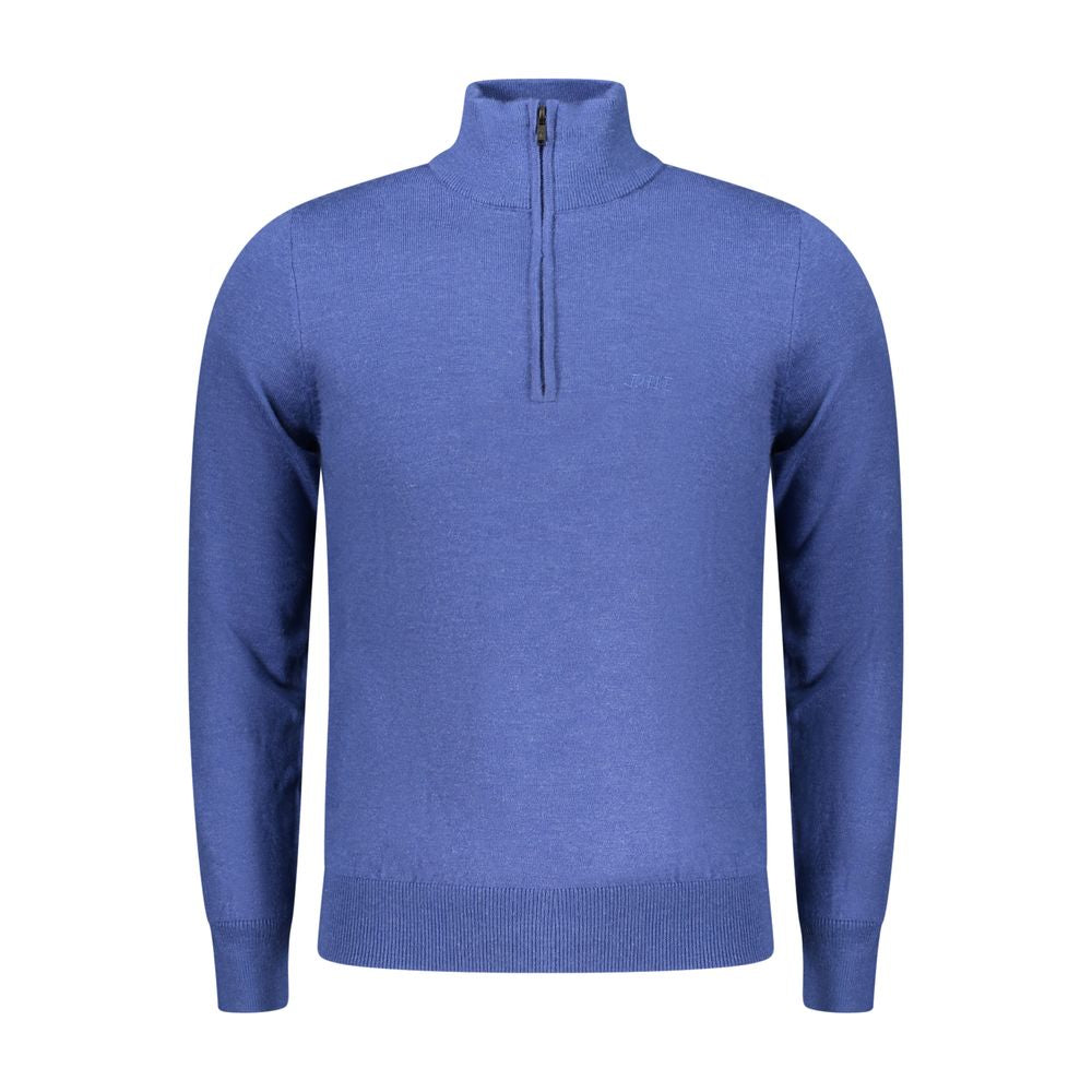 Rifle Blue Wool Men Sweater featuring half-zip design and luxe embroidery, perfect for stylish sophistication.