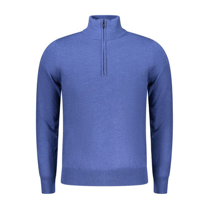 Rifle Blue Wool Men Sweater featuring half-zip design and luxe embroidery, perfect for stylish sophistication.