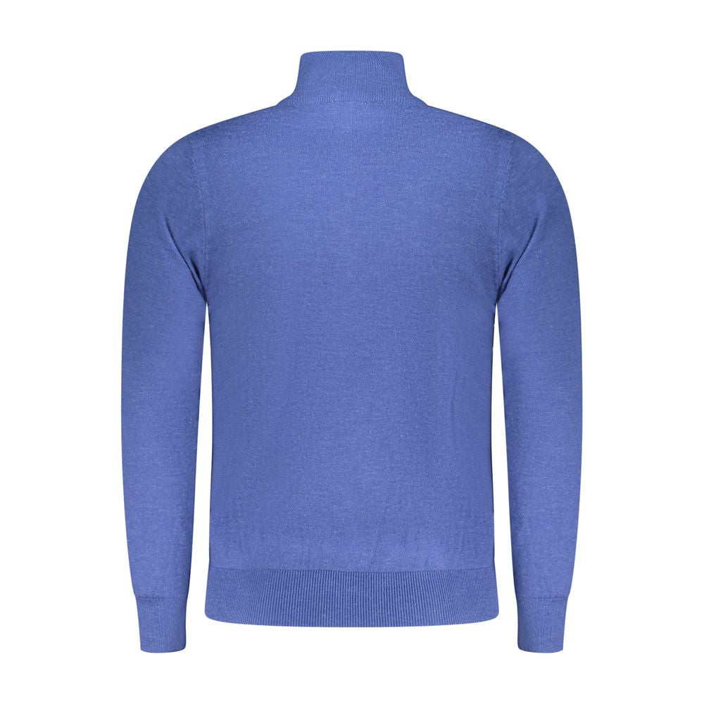 Alt Tag: Rifle Blue Wool Men Sweater with half-zip and embroidered logo, showcasing elegance and style in wool, nylon, polyester blend.