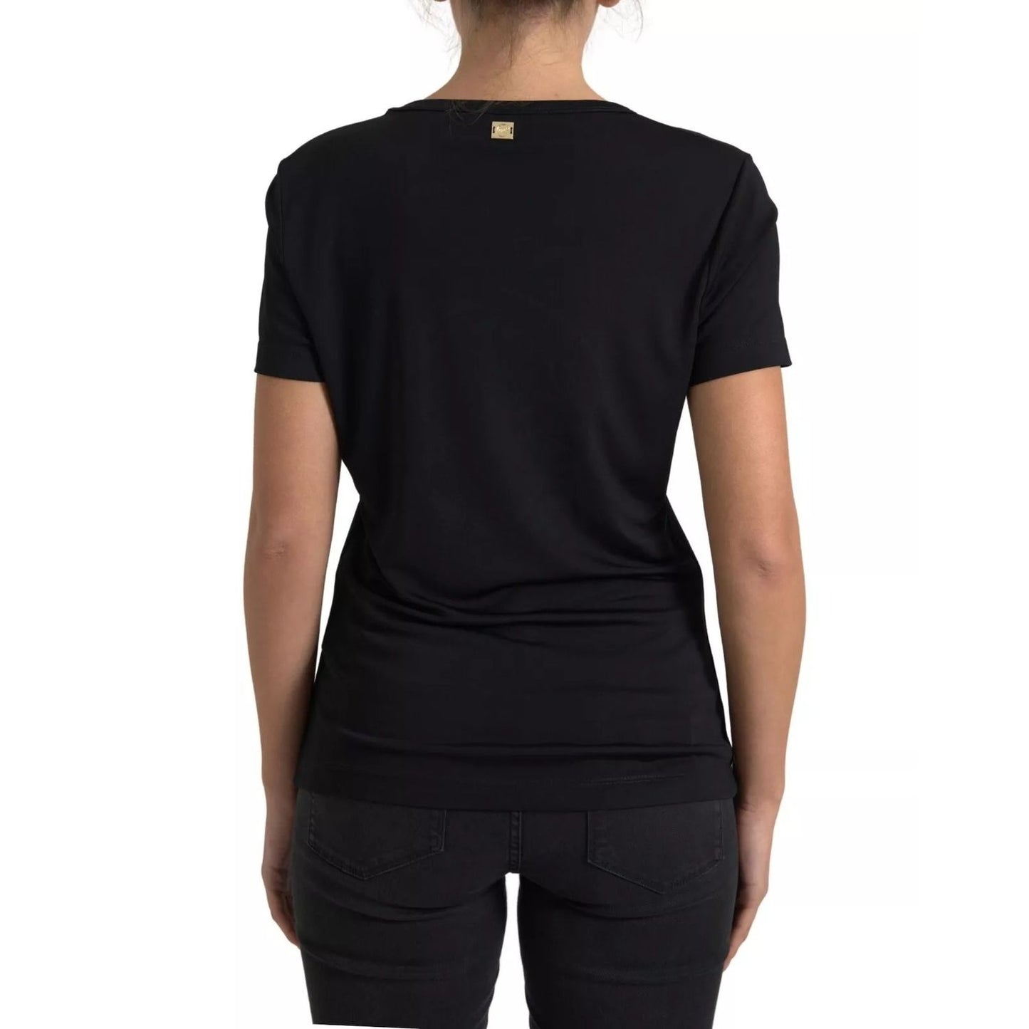 Back view of Roberto Cavalli Black Viscose Round Neck CLASS T-shirt with logo detail, worn by model.