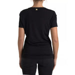 Back view of Roberto Cavalli Black Viscose Round Neck CLASS T-shirt with logo detail, worn by model.