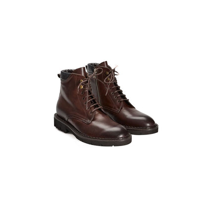 Roberto Pepe Luxury Brown Calfskin Men Boot, Italian-crafted leather lace-up footwear with side zip and durable rubber sole.
