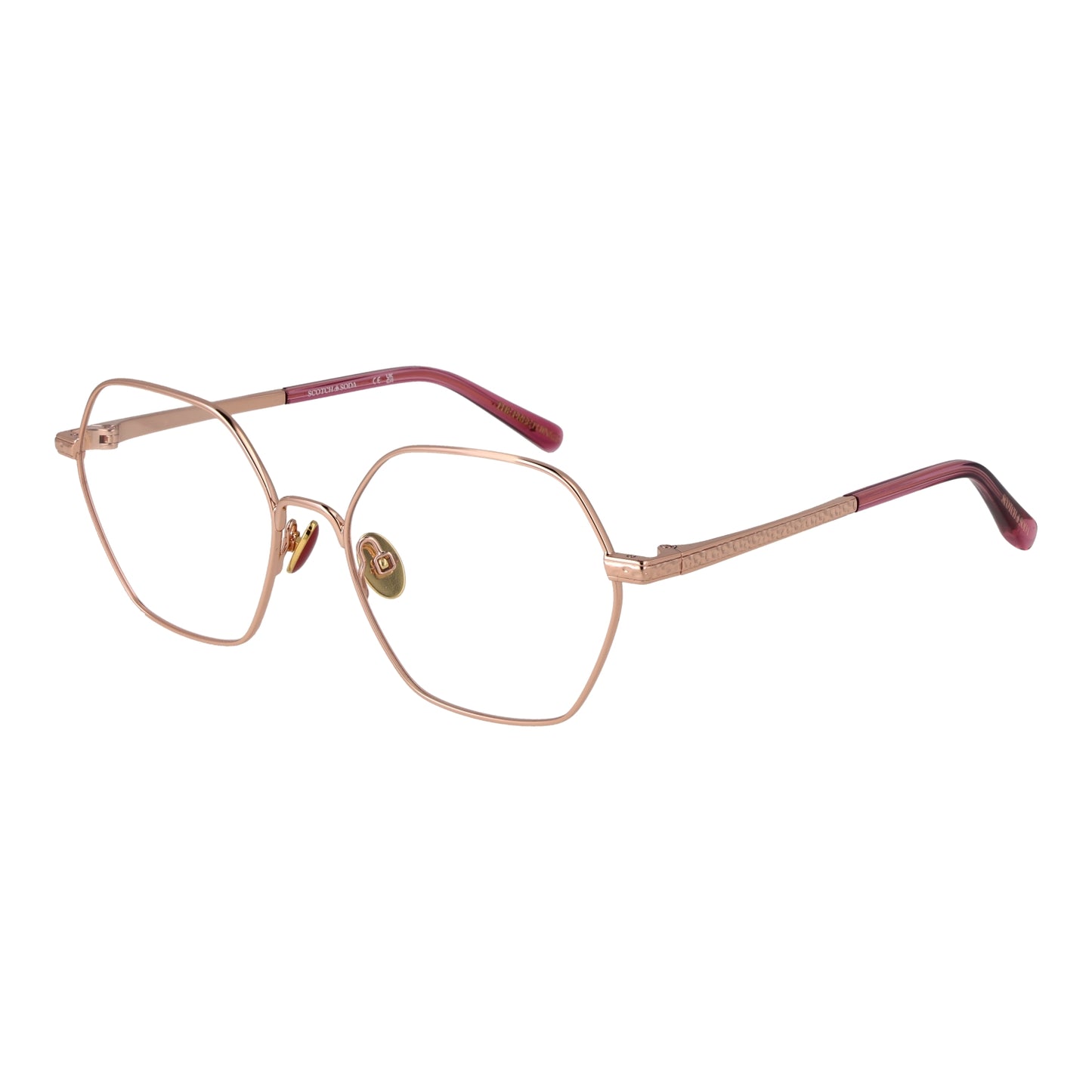 SCOTCH & SODA MOD. SS1025 53401 stylish lady's eyeglasses with a gold geometric frame and pink temple tips