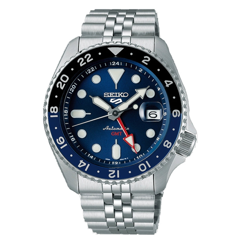 SEIKO 5 Mod. SPORTS AUTOMATIC GMT - BATMAN watch with stainless steel bracelet, mineral dial, and GMT function.