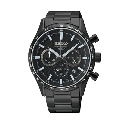 SEIKO WATCHES Mod. SSB415P1 black chronograph wristwatch with 41mm SS IP black case, sapphire dial, quartz movement, and 10 ATM water resistance.