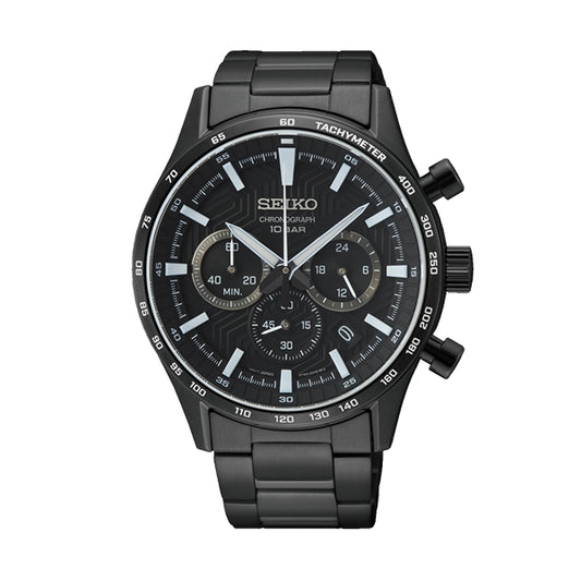 SEIKO WATCHES Mod. SSB415P1 black chronograph wristwatch with 41mm SS IP black case, sapphire dial, quartz movement, and 10 ATM water resistance.