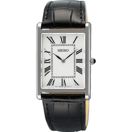 SEIKO WATCHES Mod. SWR103P1 with black leather strap and rectangular face showcasing Roman numerals and silver-tone details.