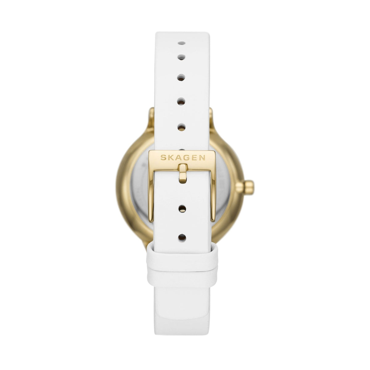 SKAGEN Mod. ANITA LILLE watch with white leather strap and gold stainless steel case, showcasing elegant design and quartz movement.