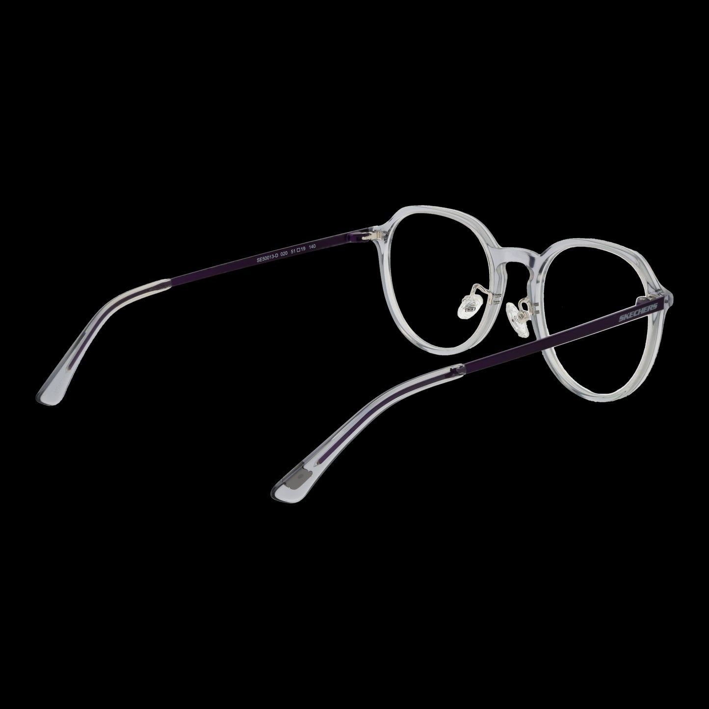 Clear round eyeglasses with black temples on a black background