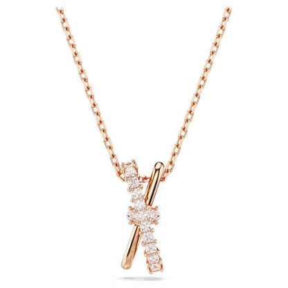 SWAROVSKI Mod. 5689788 Hyperbola Pendant Necklace, white Swarovski Zirconia, rose gold-tone, twisted design.