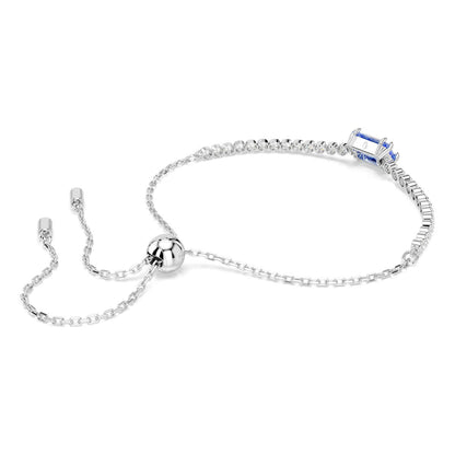 Elegant SWAROVSKI Mod. 5693412 silver bracelet with adjustable chain, featuring blue stone and spherical clasp.