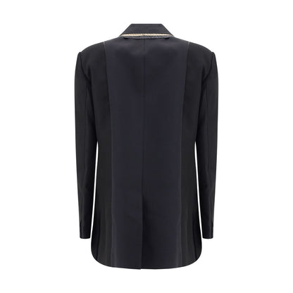 Back view of Sacai Black Polyester Clothing showcasing sleek design with double-breasted cut and lapel details.
