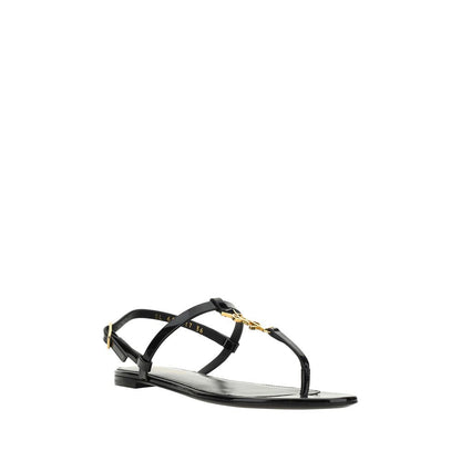 Saint Laurent Black Calf Leather Bos Taurus Flat Sandals with monogram detail and ankle strap, AW25 collection.