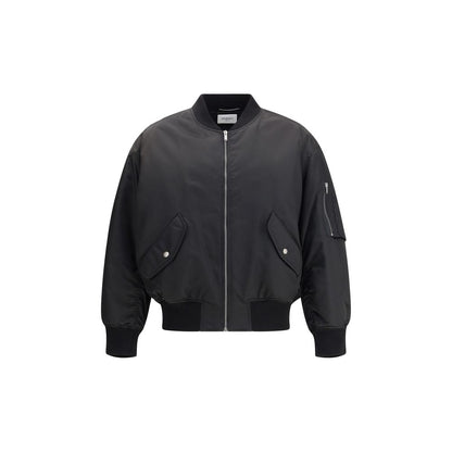 Saint Laurent Black Polyamide Bomber, oversized water-repellent jacket with zip closure, slanted flap pockets, and ribbed trim.