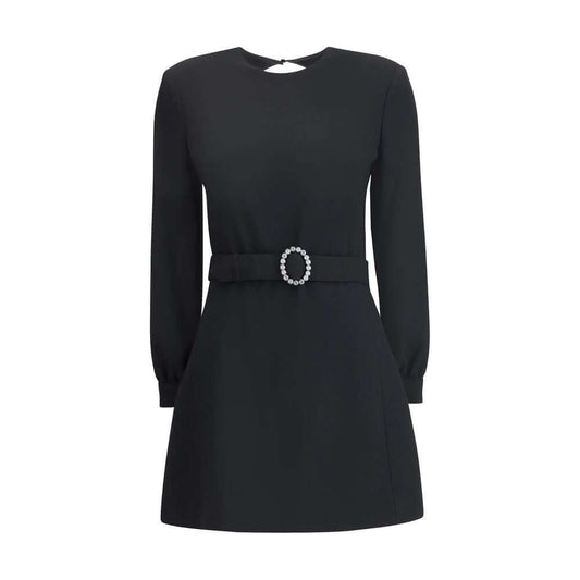 Saint Laurent Black Viscose Cocktail Dress with long sleeves and button closure, featuring padded shoulders and diamond-cut back design.