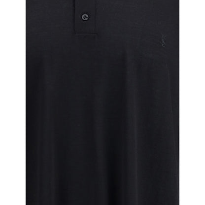 Saint Laurent Black Wool Polo Shirt with ribbed collar and three-button closure, elegant AW25 style. Regular fit, 100% wool.