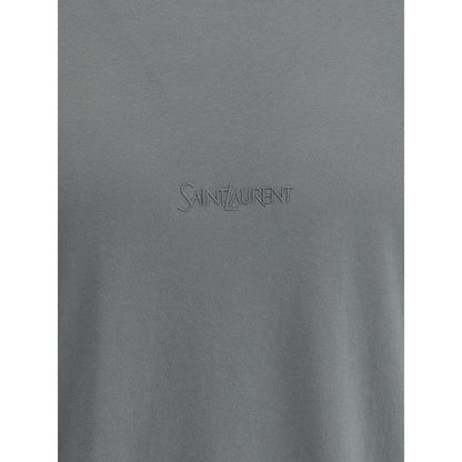 Saint Laurent Green Cotton T-Shirt with tone-on-tone embroidered logo, ribbed crew neck for casual-chic look and minimalist design.