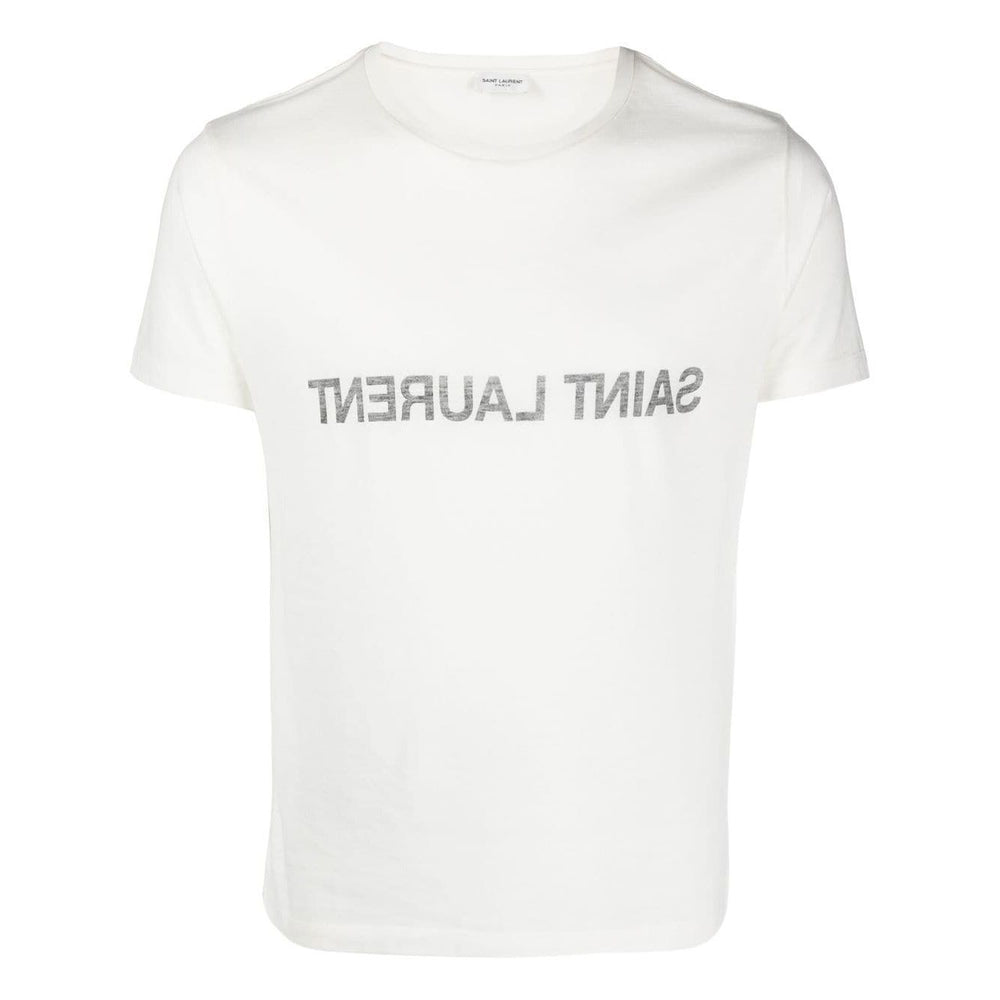 White Saint Laurent Logo T-shirt with reverse logo design, short sleeves, round neck, and straight hem made from cotton material.