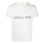 White Saint Laurent Logo T-shirt with reverse logo design, short sleeves, round neck, and straight hem made from cotton material.