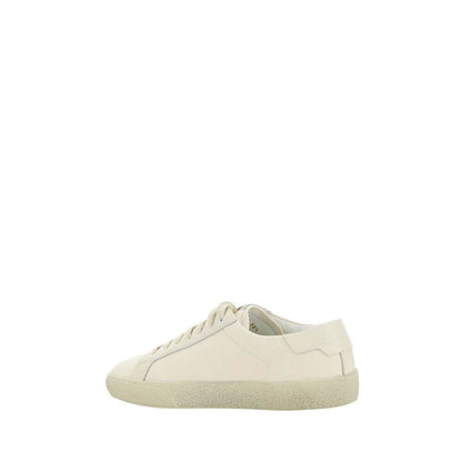 Saint Laurent White Rubber Low Top Sneakers, cotton upper, rubber sole, lace-up, crater-effect sole, iconic branding, side view.