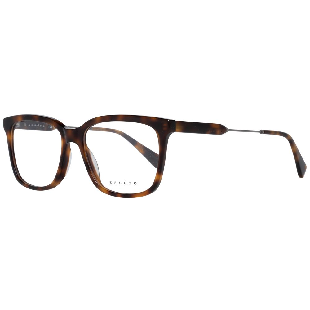 Sandro Brown Men Glasses Frame in brown plastic, full-rim style, with trapezium design and 50-10-145 dimensions. Includes branded case.
