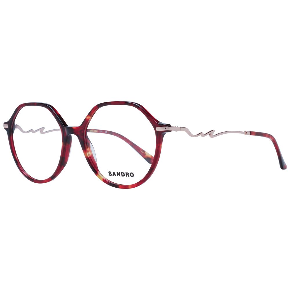 Sandro Red Acetate Glasses (Frames) for women, full-rim round style with red acetate frame and demo plastic lenses, includes branded case.