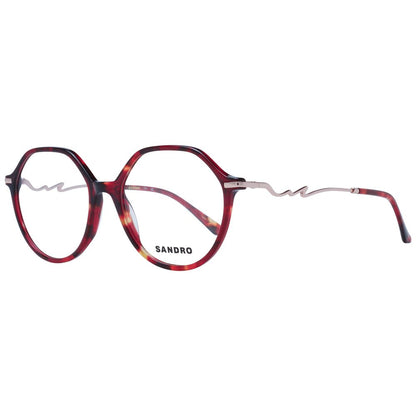 Sandro Red Acetate Glasses (Frames) for women, full-rim round style with red acetate frame and demo plastic lenses, includes branded case.