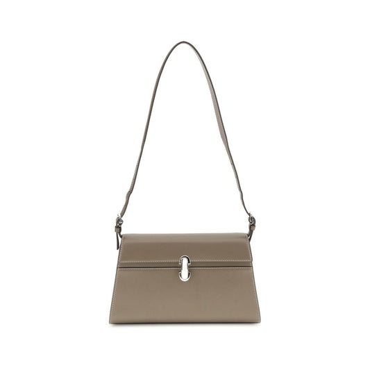 Savette Beige Calf Leather Bos Taurus Shoulder Bag with Symmetry turnlock closure and adjustable strap.