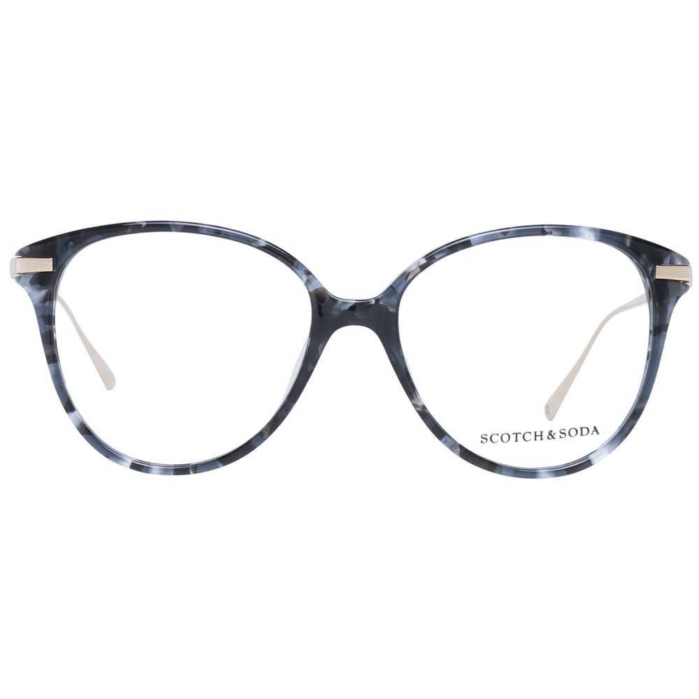 Scotch & Soda Black Women Glasses Frame in acetate with demo lenses, round full-rim style, featuring temples length 145mm and branded case.