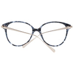 Cat-eye glasses frame with blue tortoiseshell pattern, featuring gold temples.