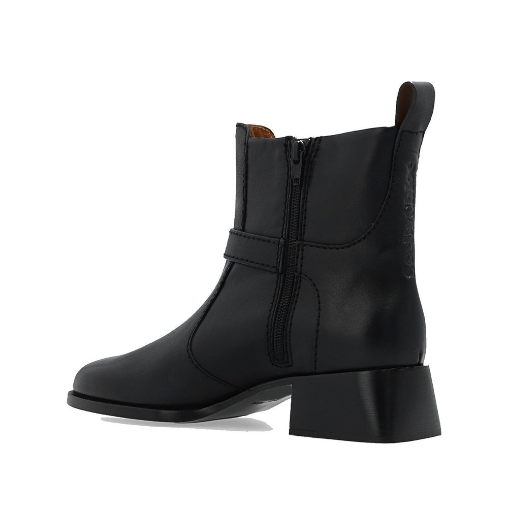 Side view of See By Chloé Black Calfskin Ankle Boots with side zip and adjustable ankle strap