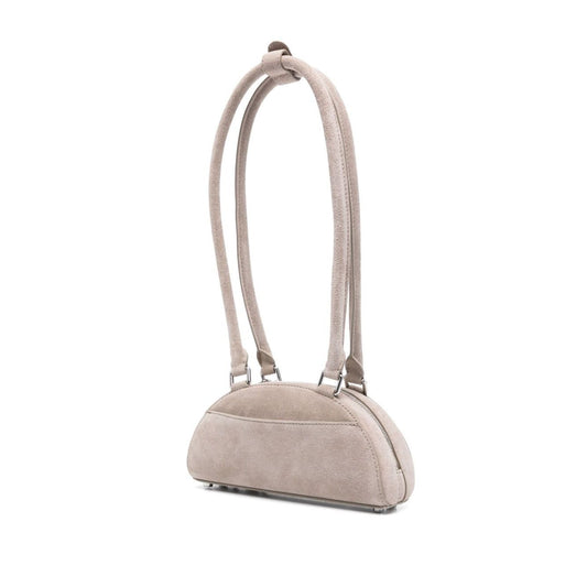 Self-Portrait Suede mini shoulder bag in grey with single top handle and bow detailing, featuring top zip fastening and spacious main compartment.