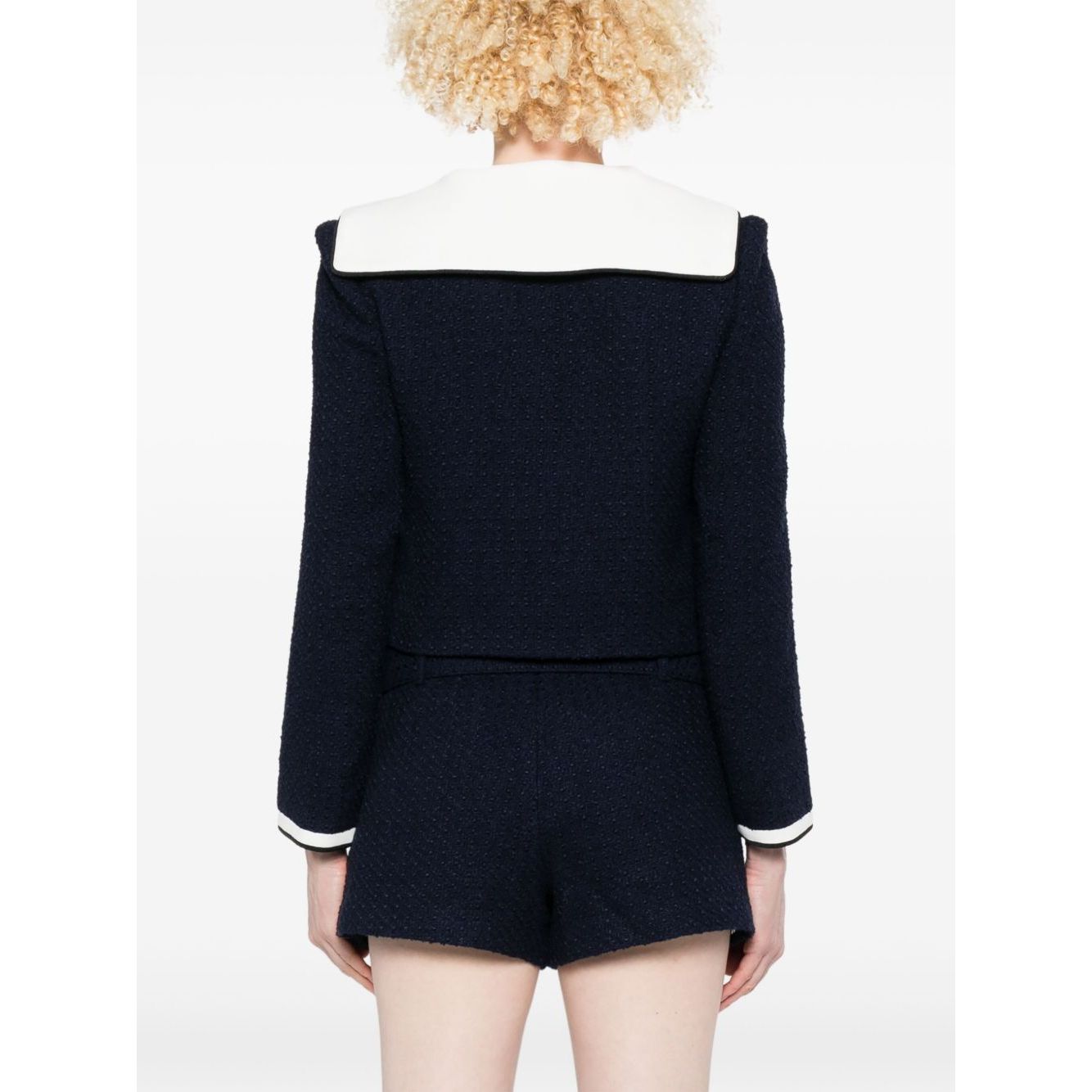 Back view of Self-portrait Jackets Blue - navy blue Bouclé short jacket with contrasting collar and stripe trim, size 8.