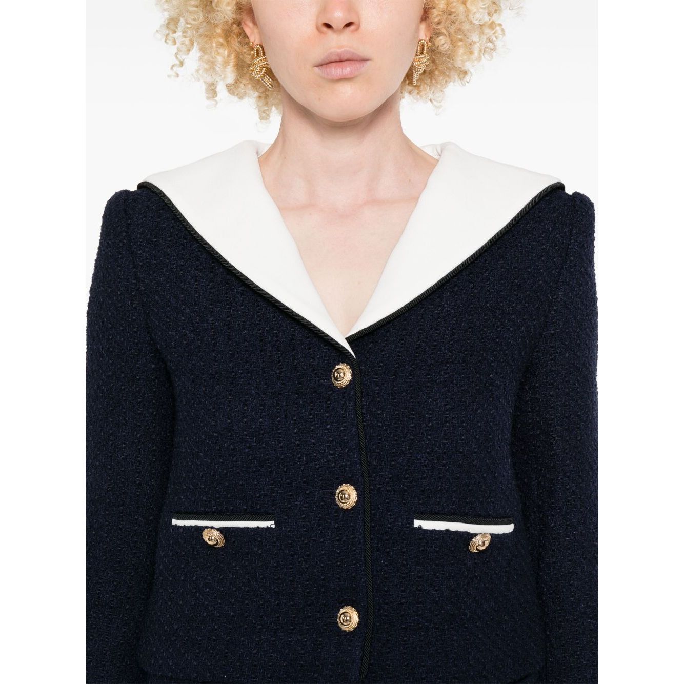 Self-portrait Jackets Blue navy bouclé short jacket with contrasting collar and front button fastening.