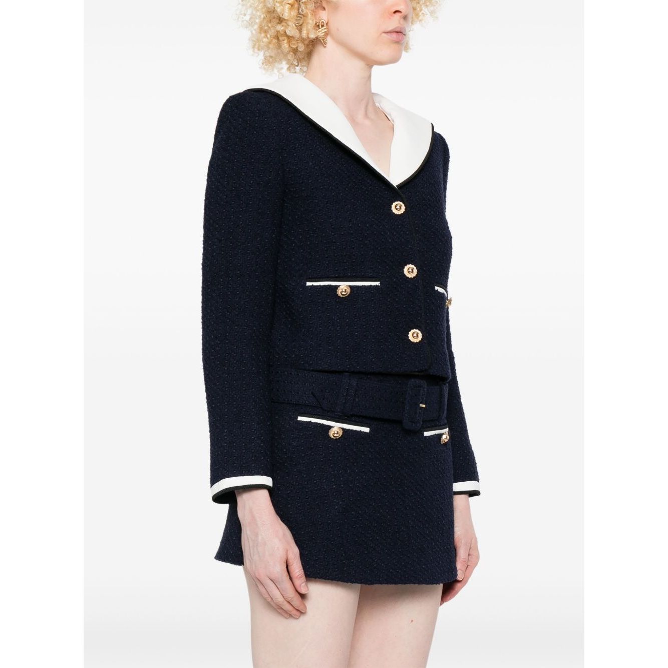Self-portrait Jackets Blue navy shorts bouclé jacket with button fastening and stripe trim worn by model