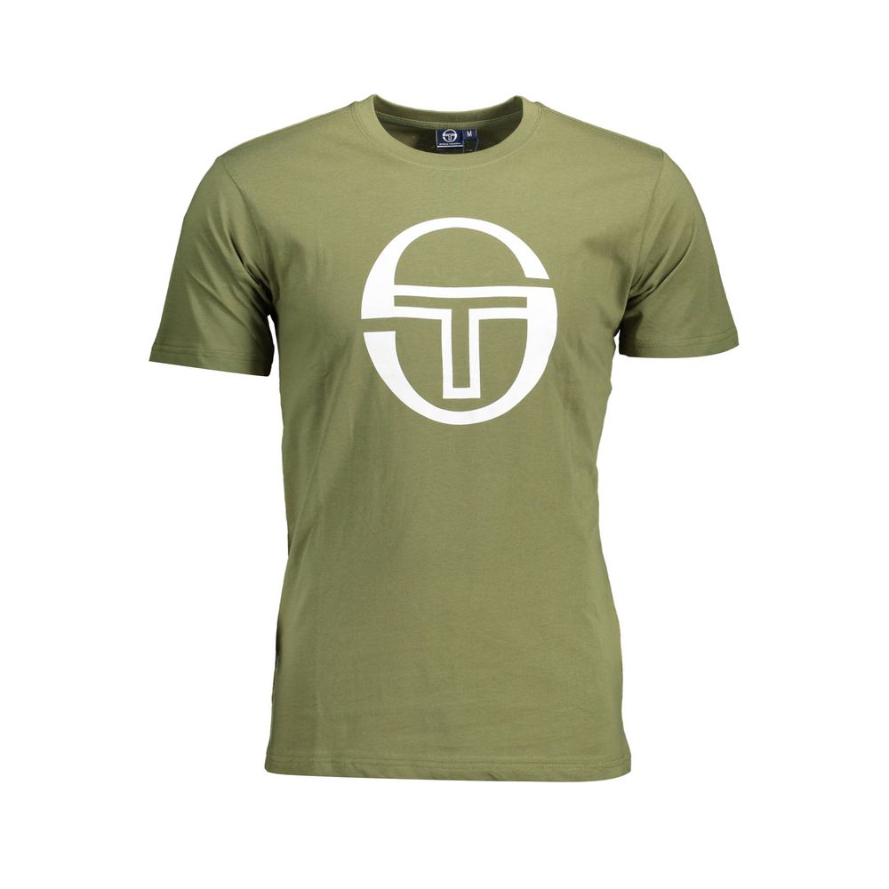 Sergio Tacchini Green Cotton Men T-Shirt with bold logo print, short sleeves, crew neck, premium cotton for casual sophistication.