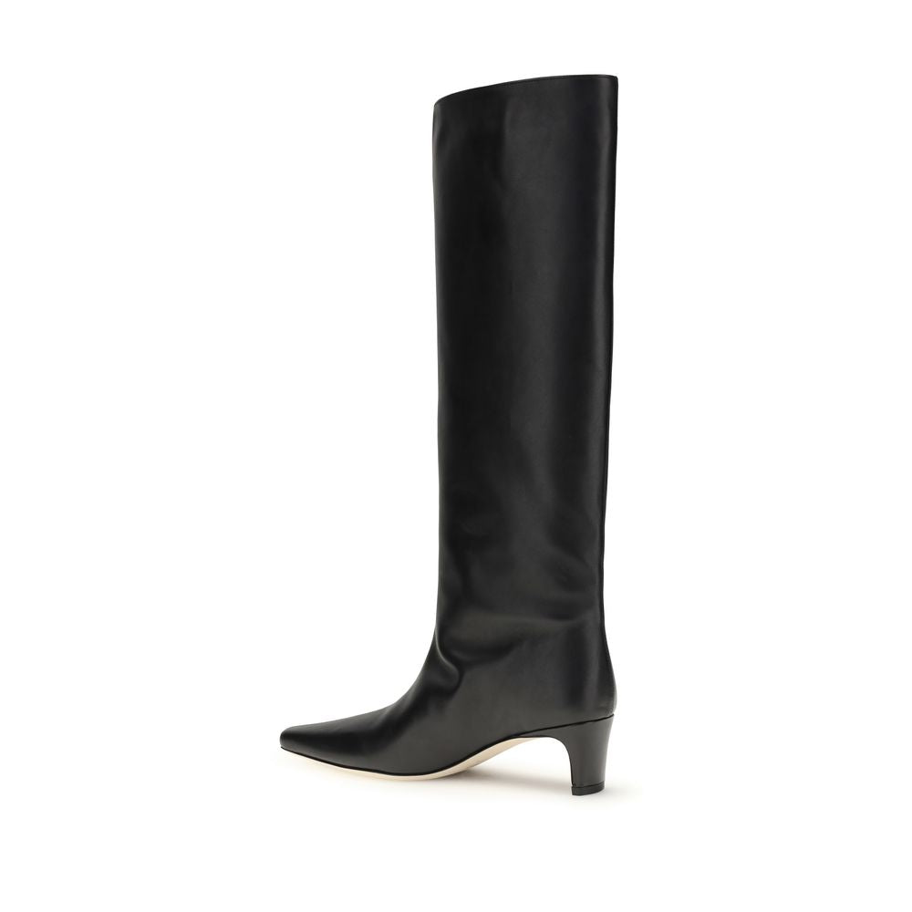 Staud Black Calf Leather Bos Taurus Boots with tapered toe and kitten heel, above-the-knee height, sleek silhouette for AW25.