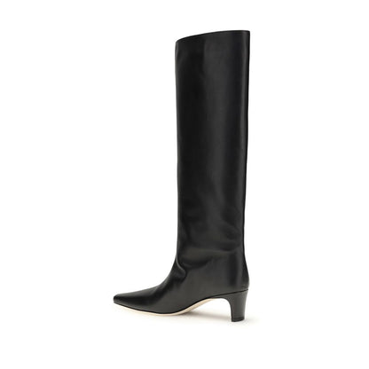 Staud Black Calf Leather Bos Taurus Boots with tapered toe and kitten heel, above-the-knee height, sleek silhouette for AW25.