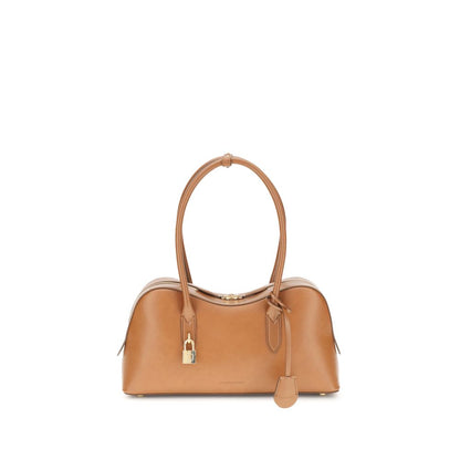 Stella McCartney Beige Nylon Shoulder Bag with embossed logo and logoed padlock, featuring two round handles and zippered closure.