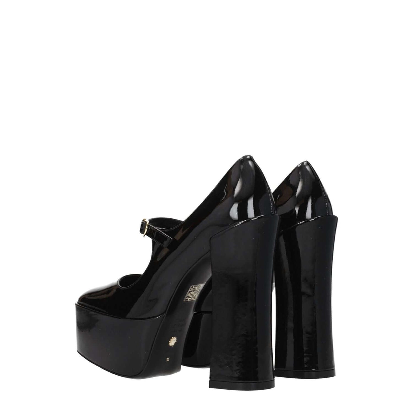 Stuart Weitzman Black Leather Platform Pumps with buckle closure and high heels, featuring round toe and rubber sole.