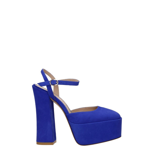 Stuart Weitzman Blue Leather Platform Sandals, blue suede, high heel, buckle closure, round toe, casual style.