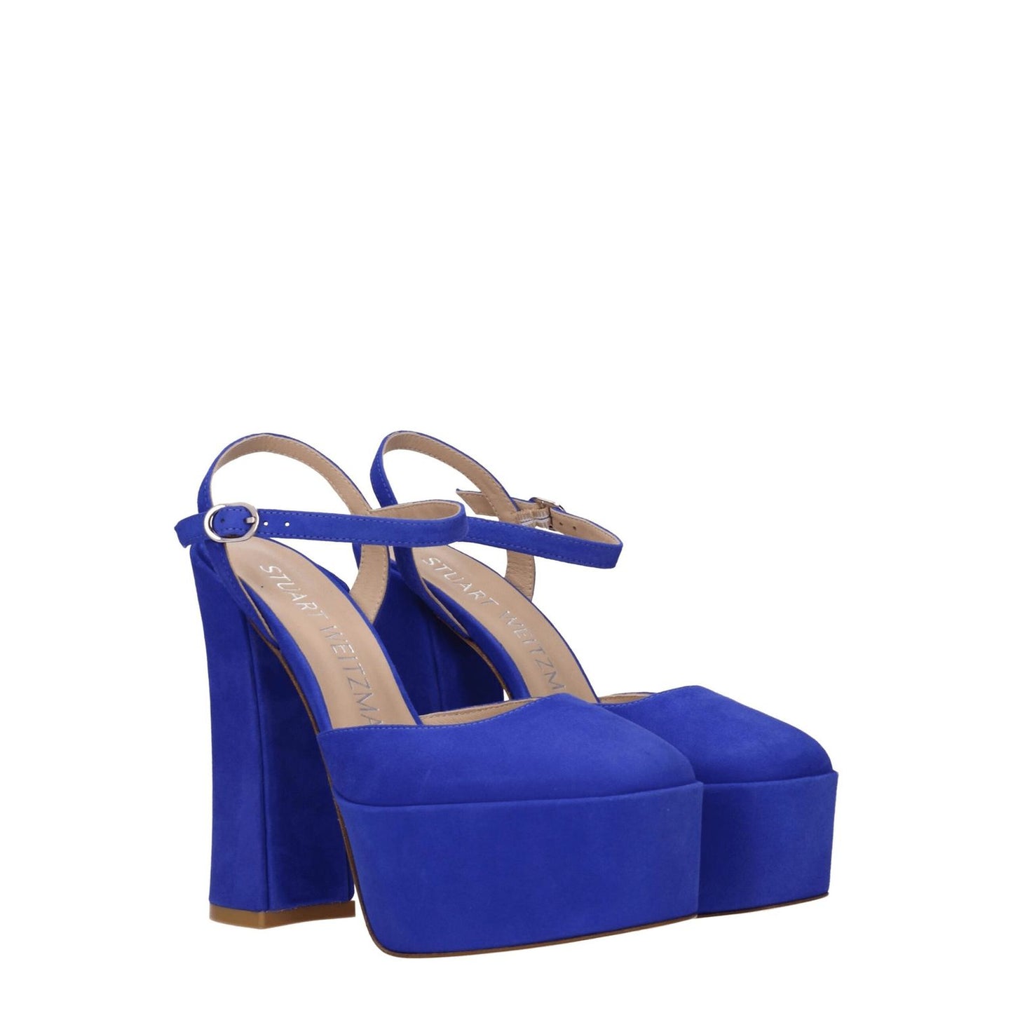 Stuart Weitzman Blue Leather Platform Sandals with buckle closure and high heel, featuring suede and leather materials, casual style