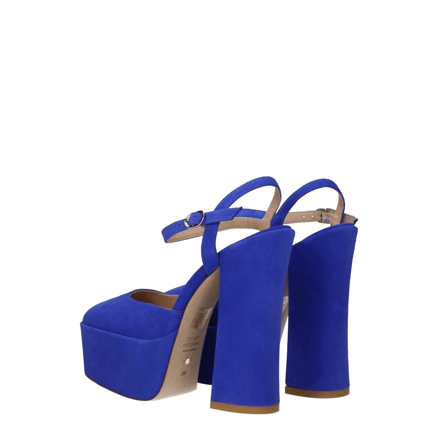Stuart Weitzman Blue Leather Platform Sandals with high heel and buckle closure, featuring suede material in vibrant blue color.
